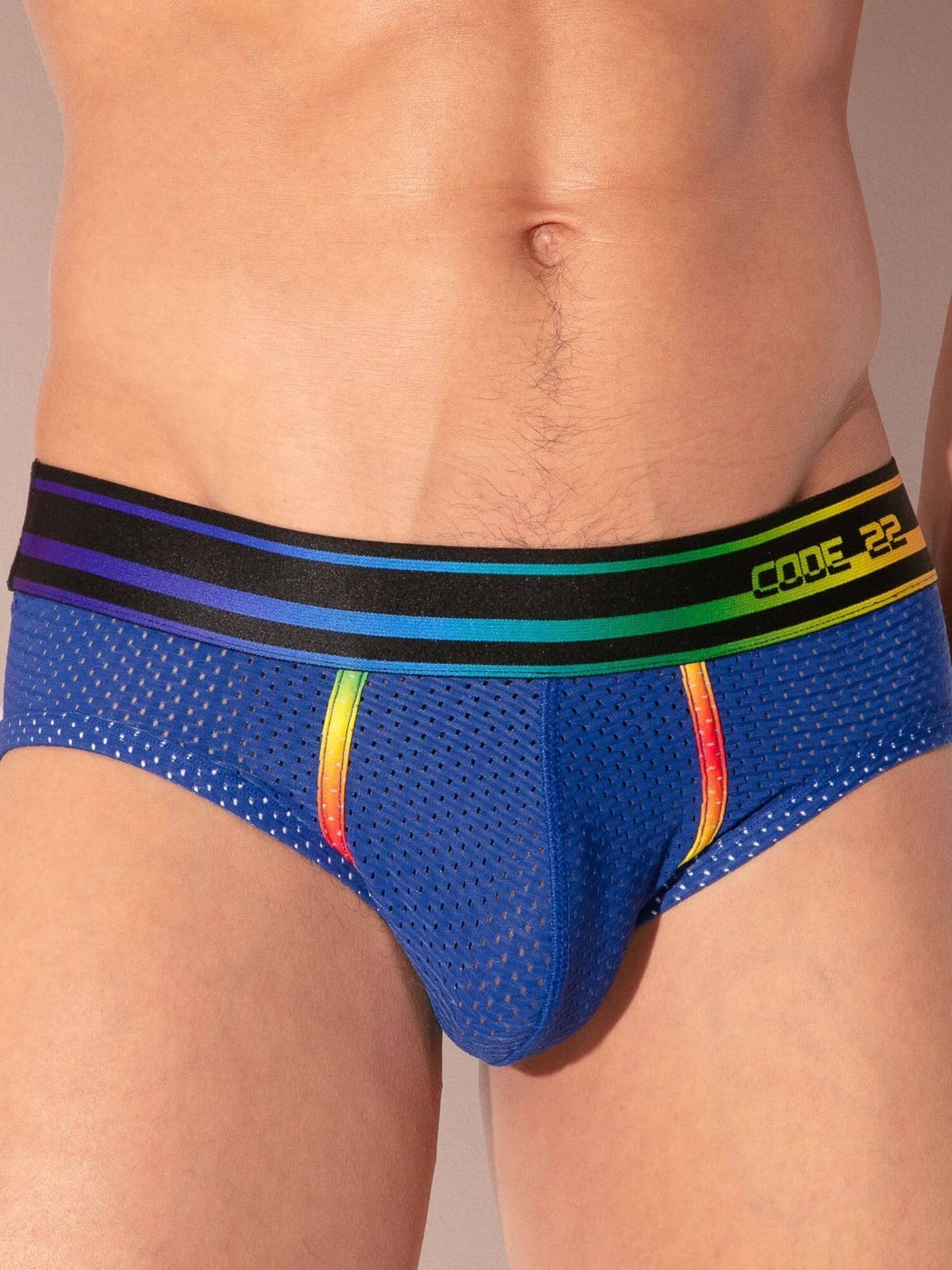 Blue men's underwear with a colorful waistband on a neutral background