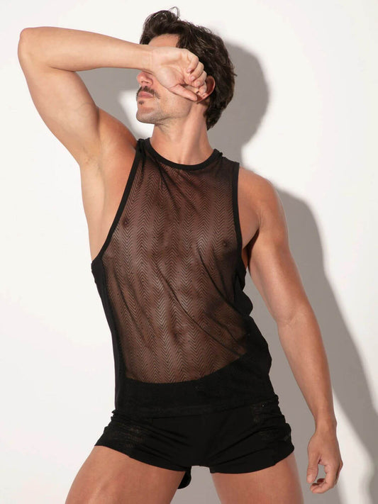 CODE 22 Rock Sheer Herringbone Mesh Tank Top with Black Diamond Accents