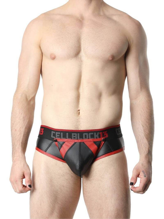 This image features the CellBlock13 Anti-Chrome Vegan Leather Jock Brief, designed with a sleek and matte black finish. The jock brief has contrasting trims that add a touch of color and style, and it features a bold "CELBBLOCK13" branding on the waistband.