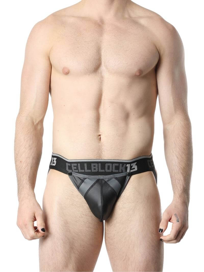 Mens CellBlock13 Anti-Chrome Vegan Leather Jockstrap with Removable Pouch