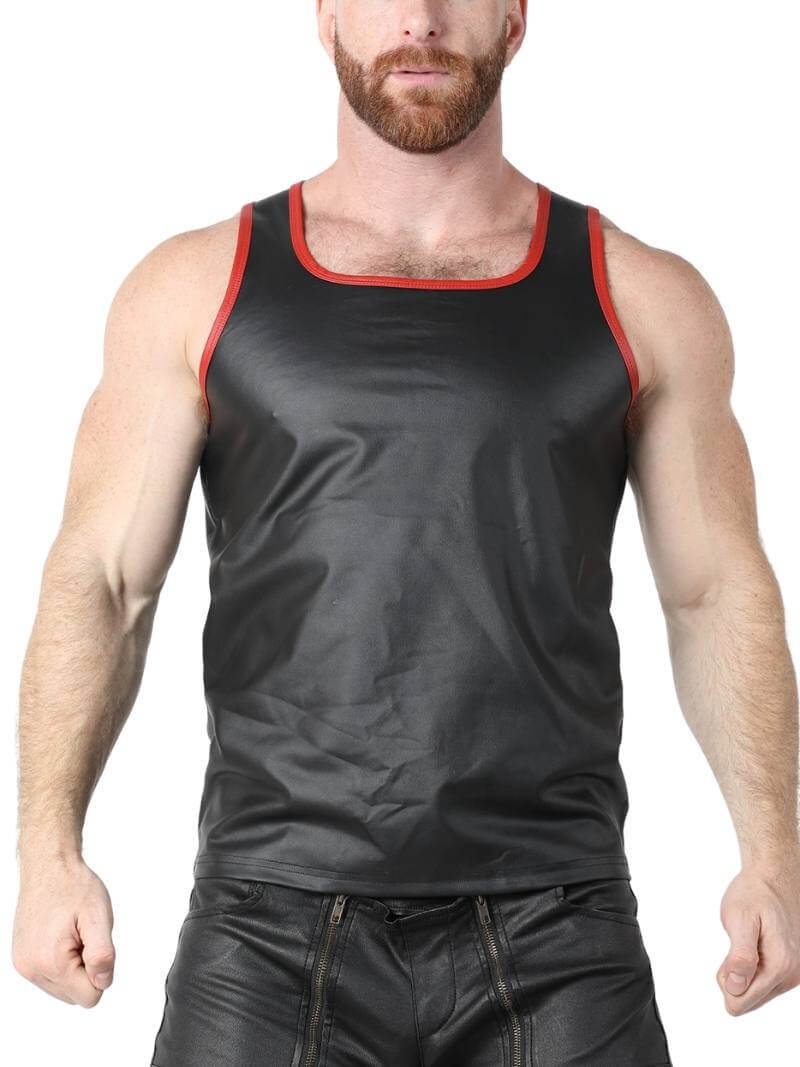 A male model wearing a matte black, sleeveless, racerback vest with red trims and a square neckline.