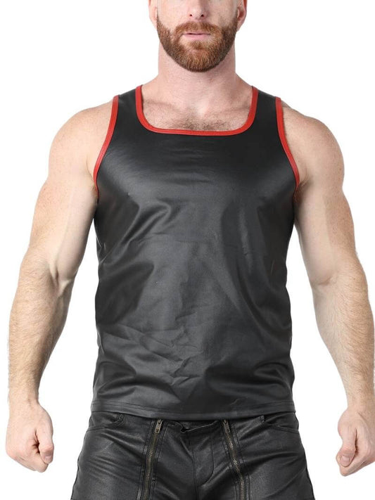 A male model wearing a matte black, sleeveless, racerback vest with red trims and a square neckline.