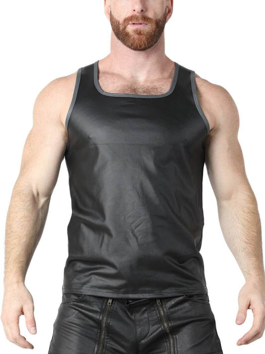 A male model wearing a matte black, sleeveless, racerback vest with red trims and a square neckline.