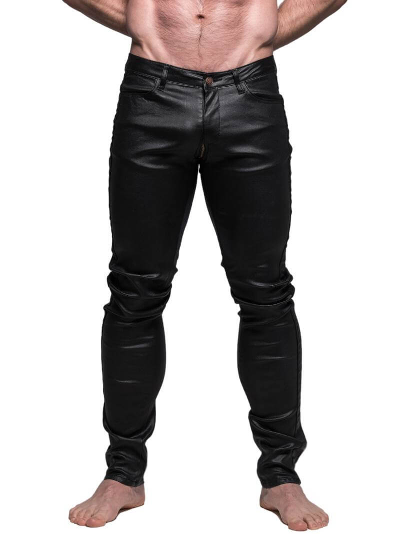 A pair of shiny black wax-coated denim pants with a high waist and a leather patch on the back, featuring a zip-up front and side zippers.