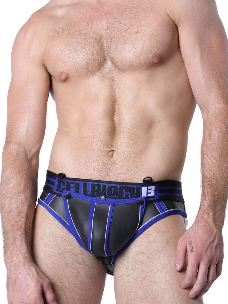 This image displays the CellBlock13 Mercury Neoprene Jock Brief, emphasizing its sleek and provocative design. The jock brief features a smooth, black neoprene rubber body that is stretchy and contoured to enhance the wearer's assets.