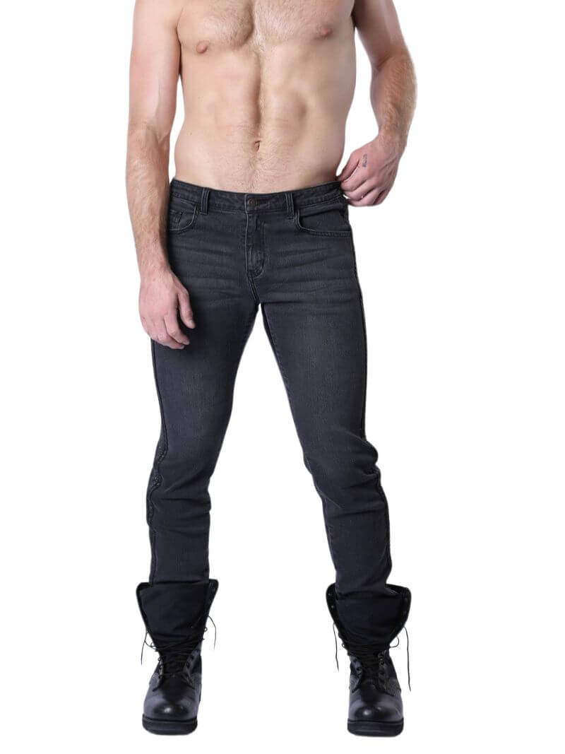 Mens CellBlock13 Saddleback Stretch Fit Denim Jeans with Leatherette Panels