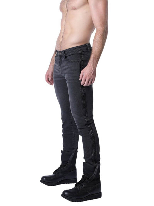 Mens CellBlock13 Saddleback Stretch Fit Denim Jeans with Leatherette Panels