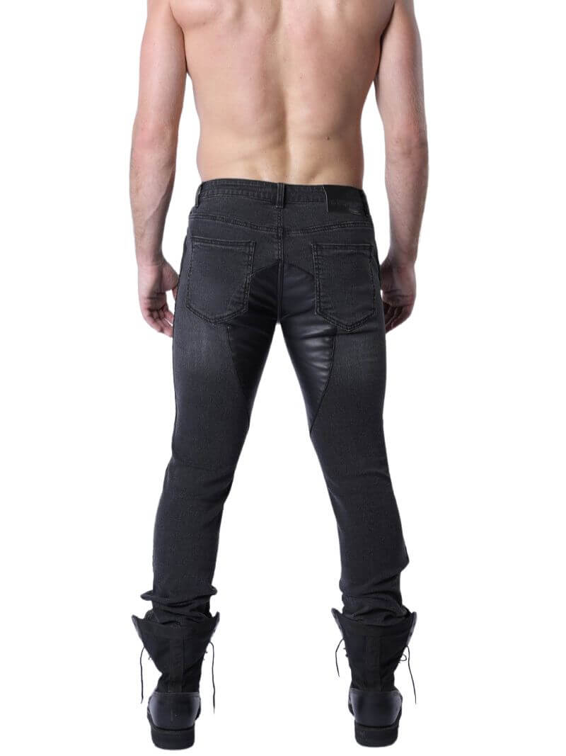 Mens CellBlock13 Saddleback Stretch Fit Denim Jeans with Leatherette Panels