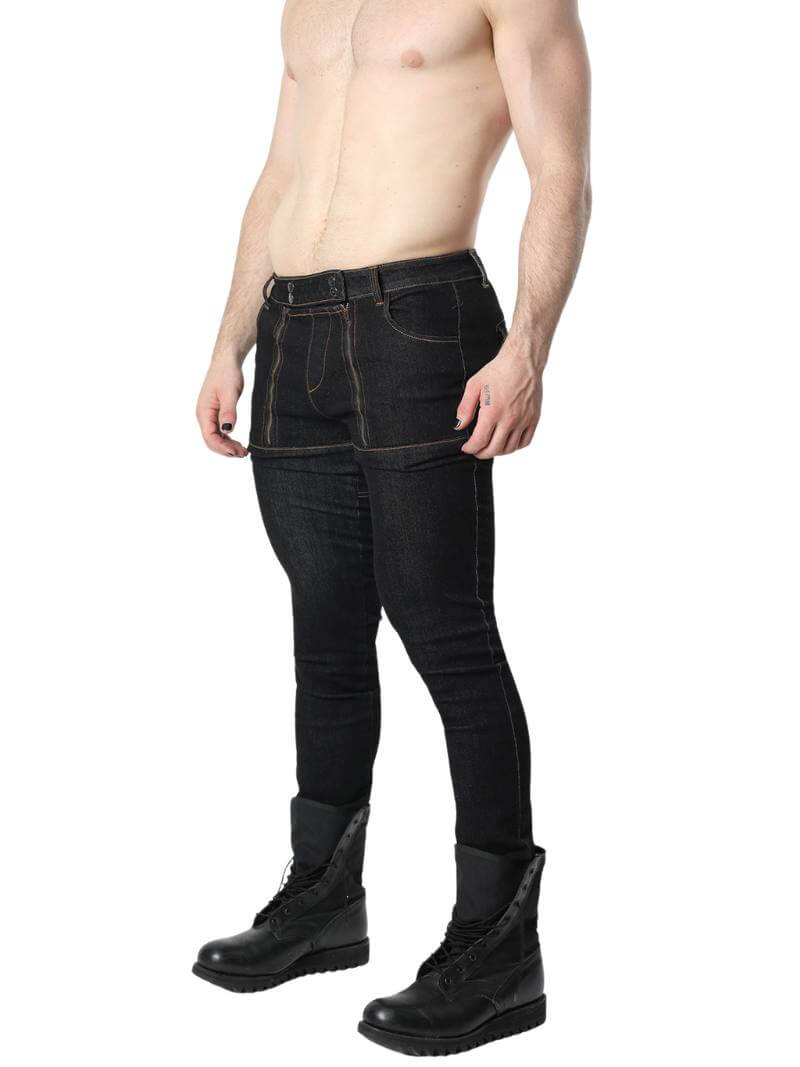 Mens CellBlock13 Saddleback Stretch Fit Denim Shorts with Leatherette Panels