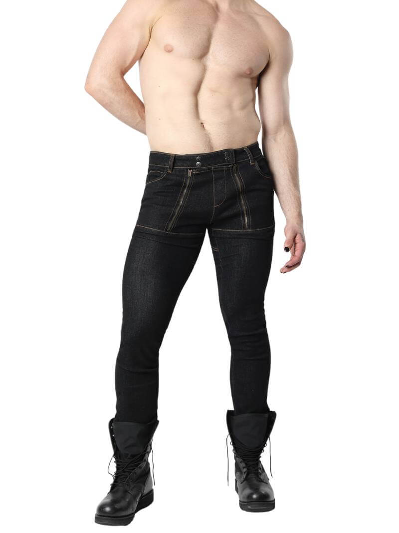 Mens CellBlock13 Saddleback Stretch Fit Denim Shorts with Leatherette Panels