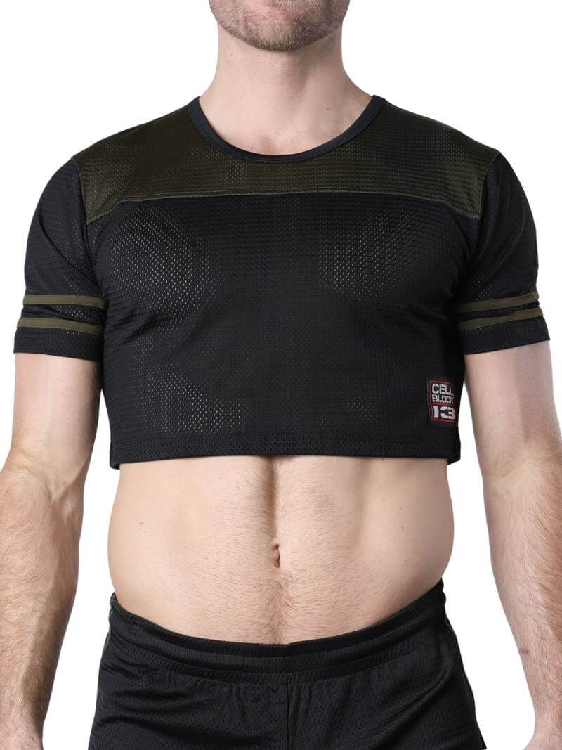 A cropped black mesh T-shirt with colored panel and sleeve stripes, featuring a rounded neck and short sleeves. The brand logo 'CellBlock13' is visible on the fabric.