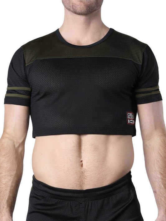 A cropped black mesh T-shirt with colored panel and sleeve stripes, featuring a rounded neck and short sleeves. The brand logo 'CellBlock13' is visible on the fabric.
