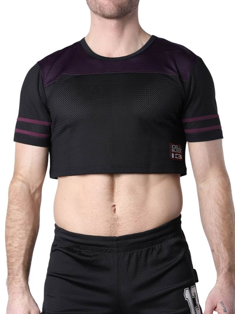 A cropped black mesh T-shirt with colored panel and sleeve stripes, featuring a rounded neck and short sleeves. The brand logo 'CellBlock13' is visible on the fabric.