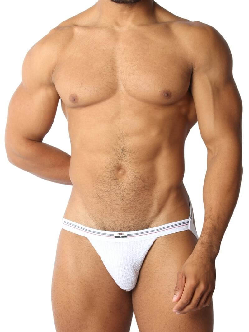 A red CellBlock13 slim waist jockstrap with a striped waistband and the brand label visible.