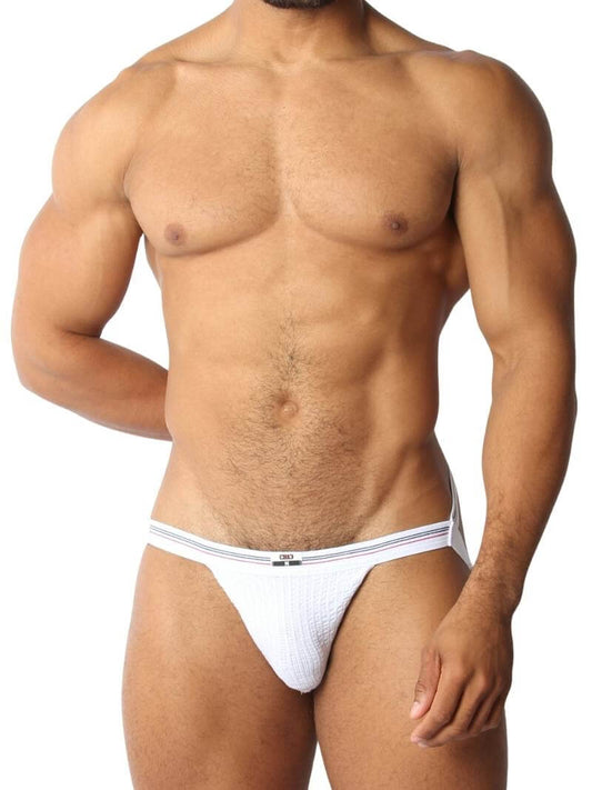 A red CellBlock13 slim waist jockstrap with a striped waistband and the brand label visible.