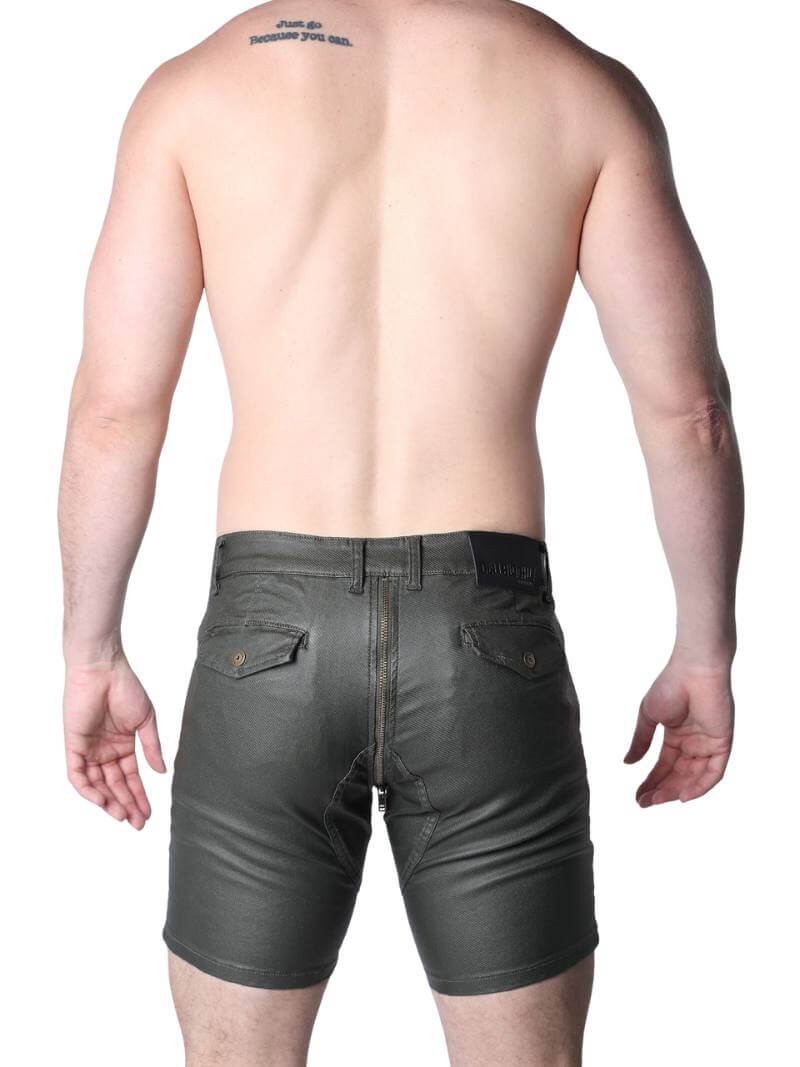 Man wearing dark green shorts on a white background
