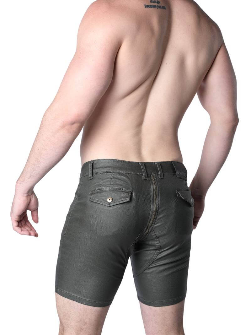 Man wearing dark gray shorts on a white background