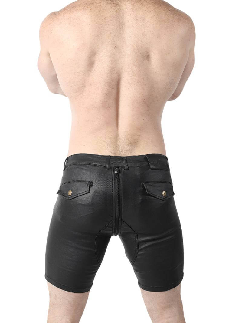Black leather shorts worn by a person on a white background