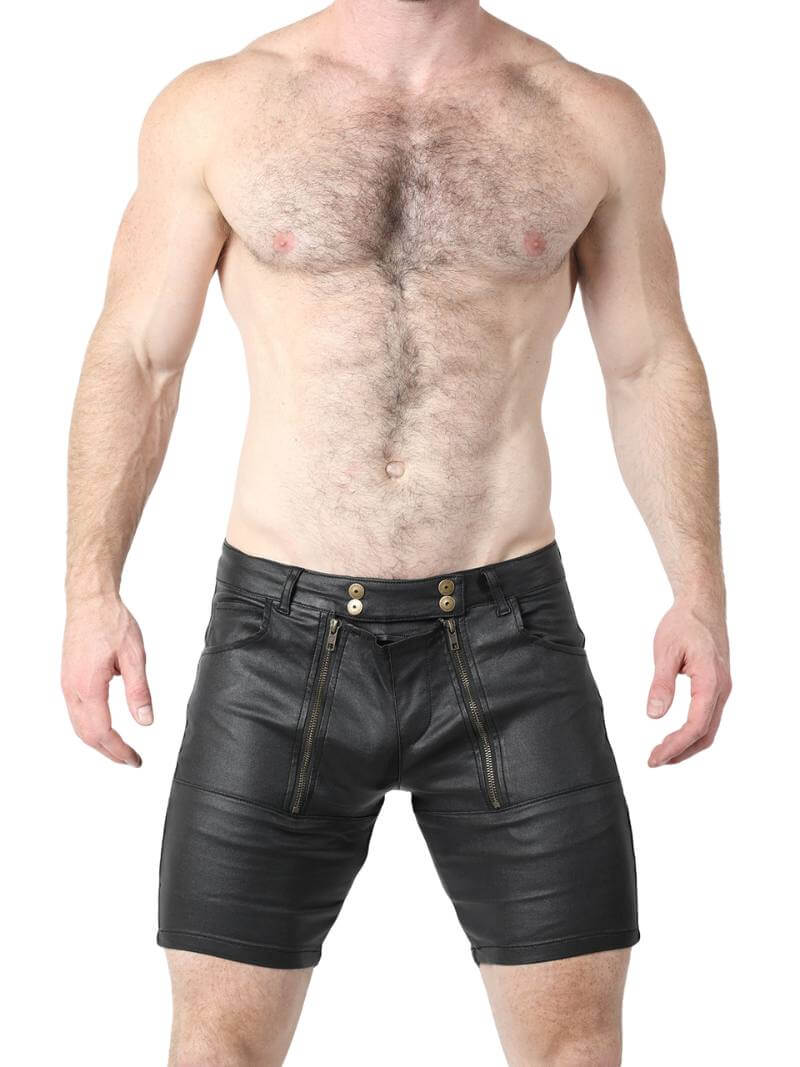 Man wearing black leather shorts on a white background