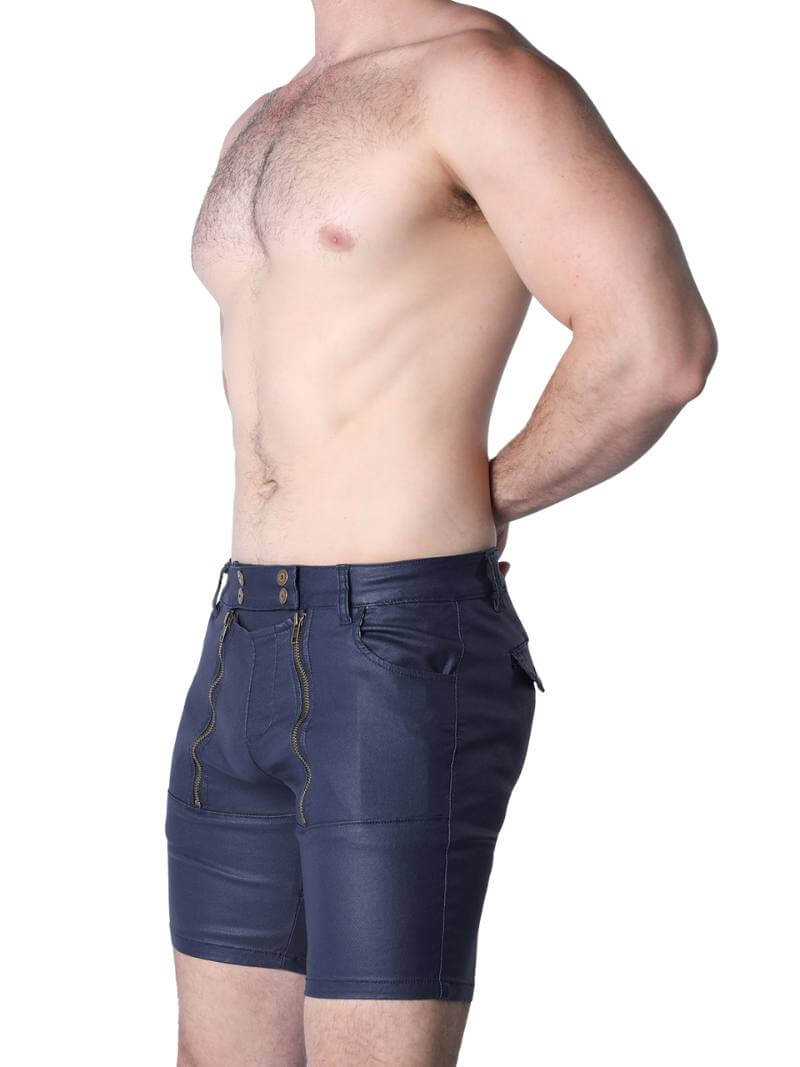 Navy blue leather shorts worn by a person on a white background