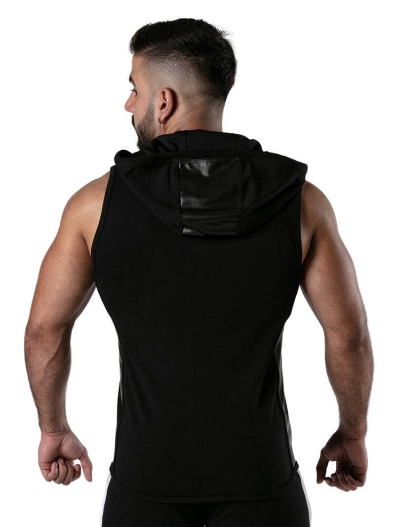 Men's Locker Gear Ribbed Cotton & Leatherette Sleeveless Hoody with Drawstring Hood