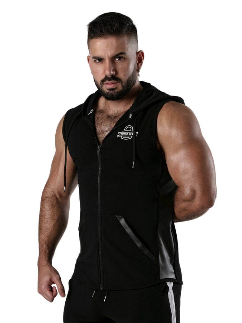 Men's Locker Gear Ribbed Cotton & Leatherette Sleeveless Hoody: Zipped, Pockets, Hooded