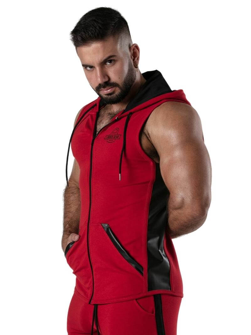 Men's Locker Gear Ribbed Cotton & Leatherette Sleeveless Hoody with Drawstring Hood
