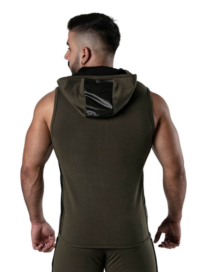 Men's Locker Gear Ribbed Cotton & Leatherette Sleeveless Hoody: Zipped, Pockets, Hooded