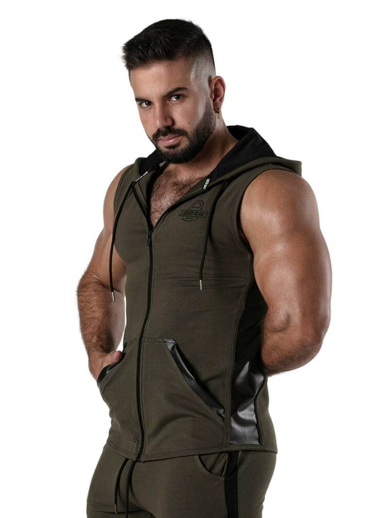 Men's Locker Gear Ribbed Cotton & Leatherette Sleeveless Hoody with Drawstring Hood