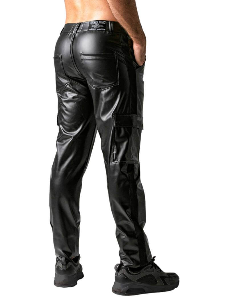 Men's Leather Look Cargo Pant with Rear Zip and Pockets