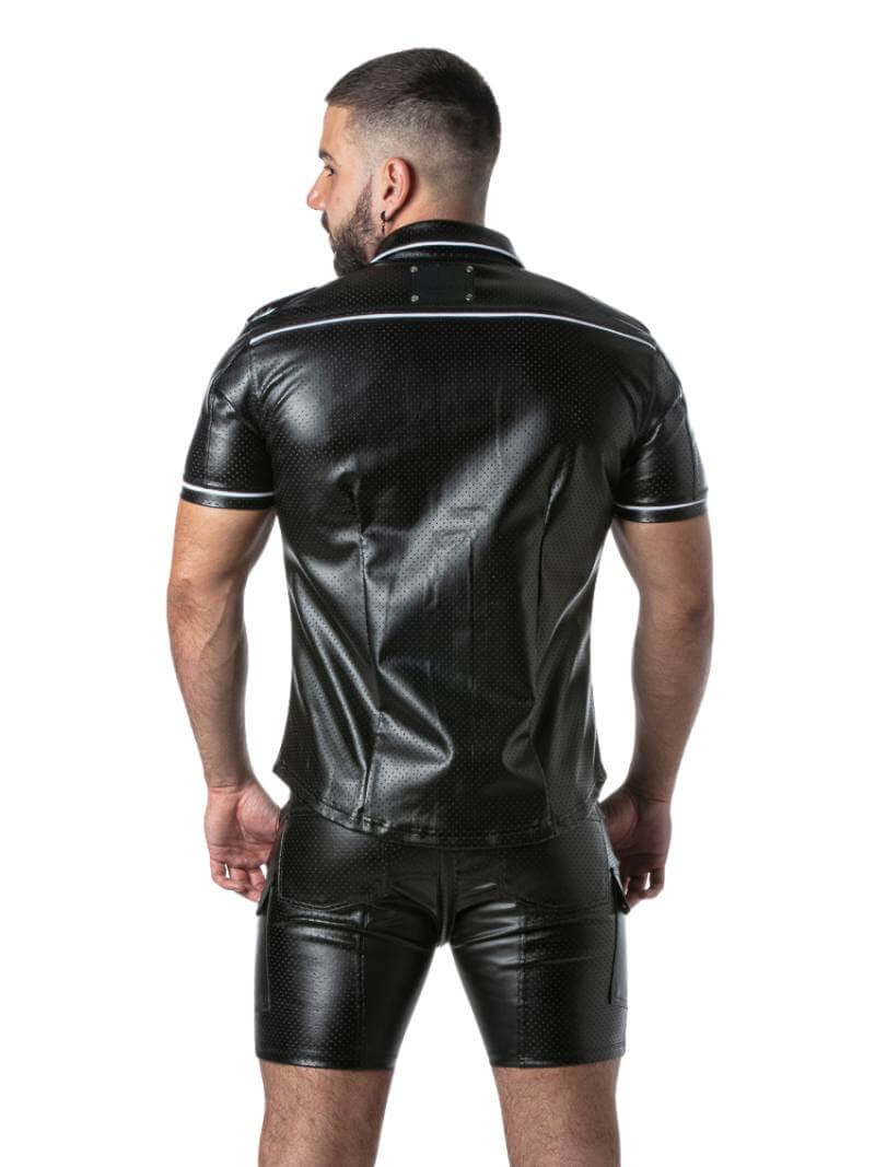 Men's Locker Gear Punch Hole Shirt: Perforated Faux Leather, Button-Up, Collared, Pockets