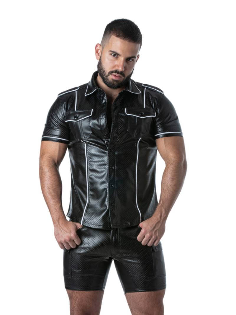 Men's Leatherette Faux Leather Buttoned and Collard Short Sleeve Shirt