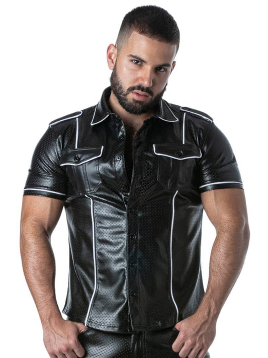 Men's Locker Gear Punch Hole Shirt: Perforated Faux Leather, Button-Up, Collared, Pockets