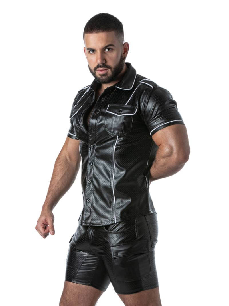 Men's Short Sleeved Leather Look Punch Hole Shirt
