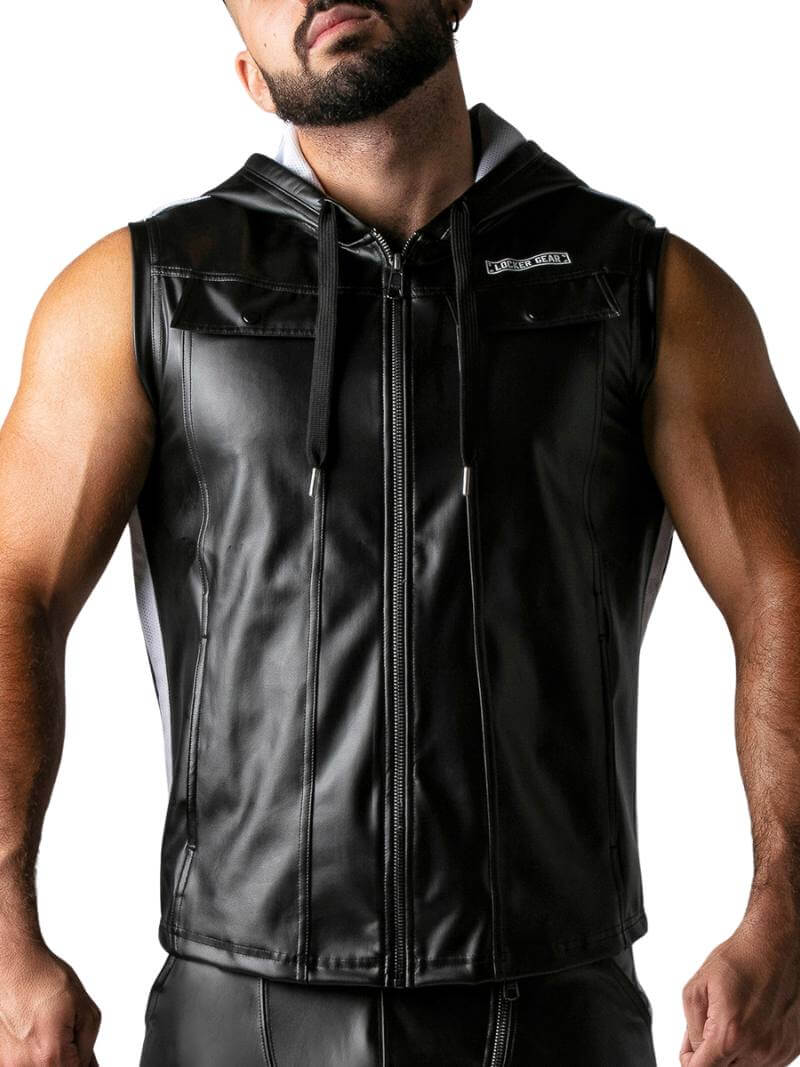 Men's Leather Look Zipped Front Sleeveless Hoody