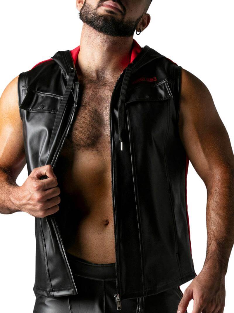 Men's Vegan Leather Zip Up Front Hooded Sleeveless Tank Top