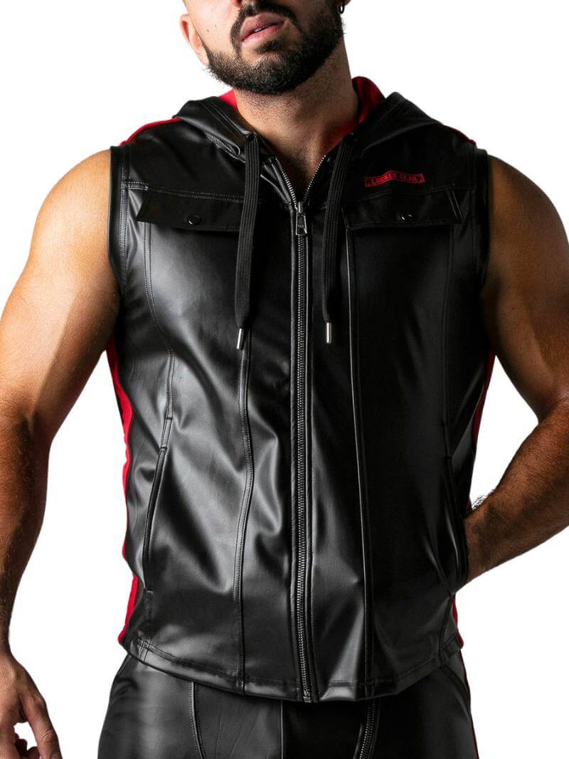 Men's Locker Gear Leather Look Sleeveless Hoodie: Zipped, Pockets, Hooded