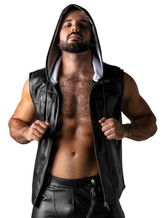 Men's Locker Gear Leather Look Sleeveless Hoodie: Zipped, Pockets, Hooded
