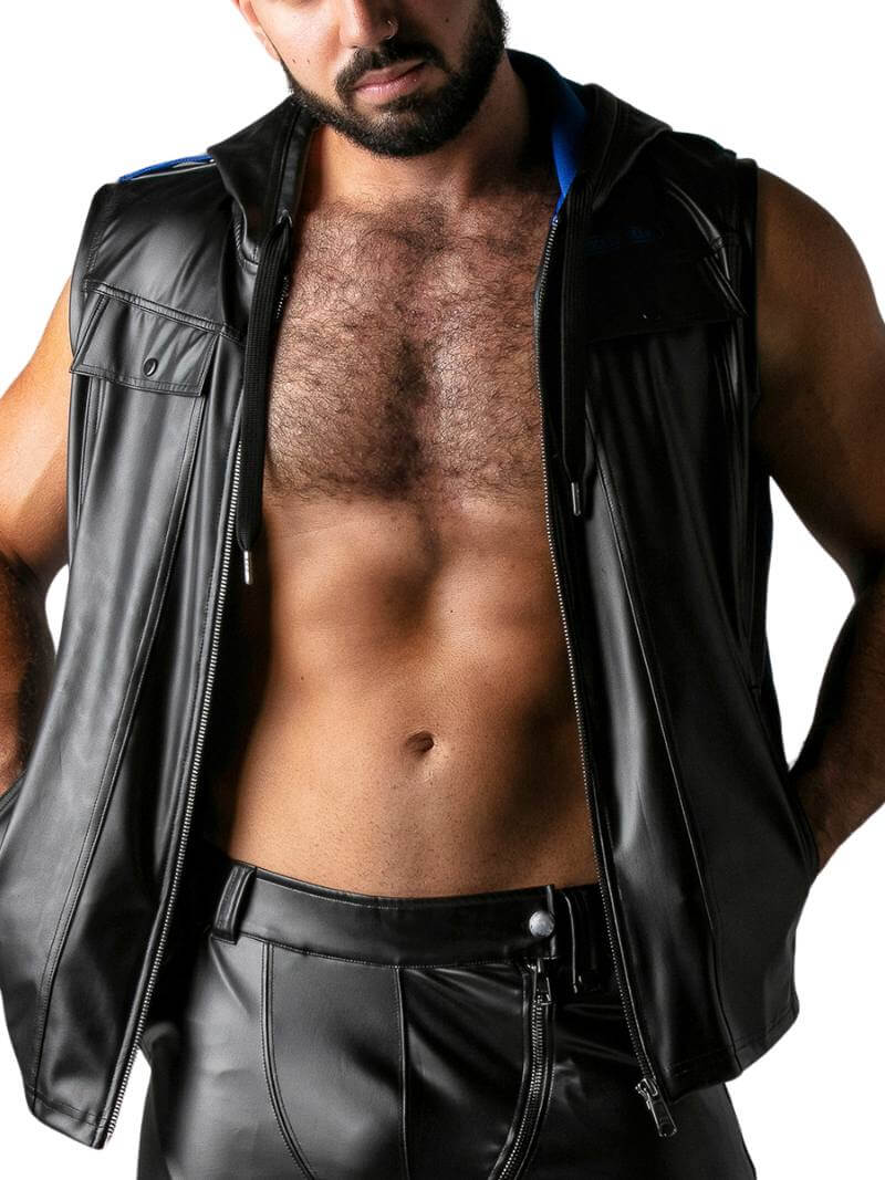 Men's Leather Look Zipped Front Sleeveless Hoody