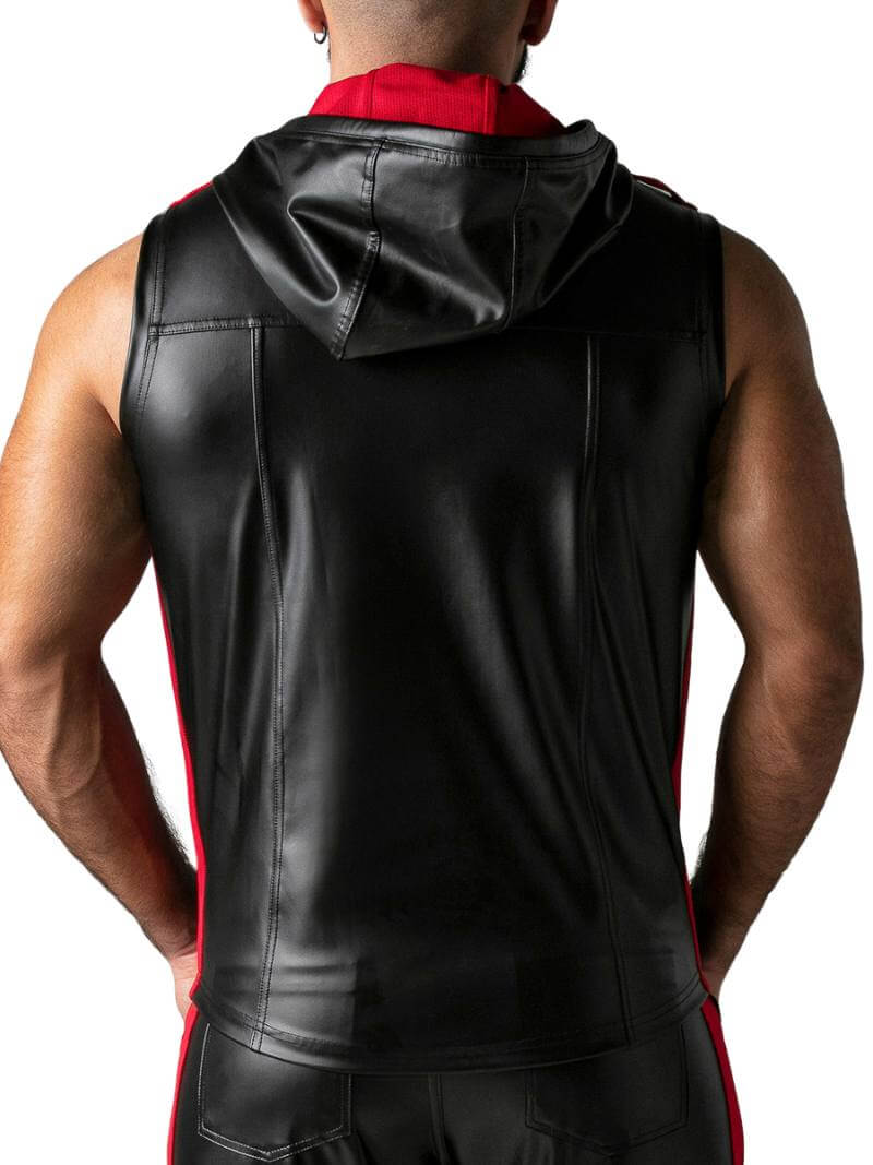 Men's Vegan Leather Zip Up Front Hooded Sleeveless Tank Top