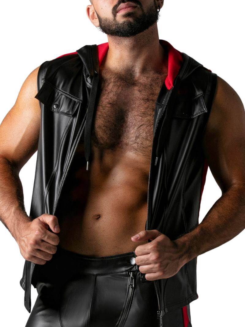 Men's Leather Look Zipped Front Sleeveless Hoody