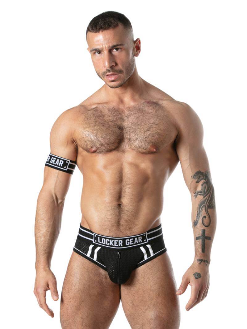 Man wearing black underwear with 'Locker Gear' branding on a white background