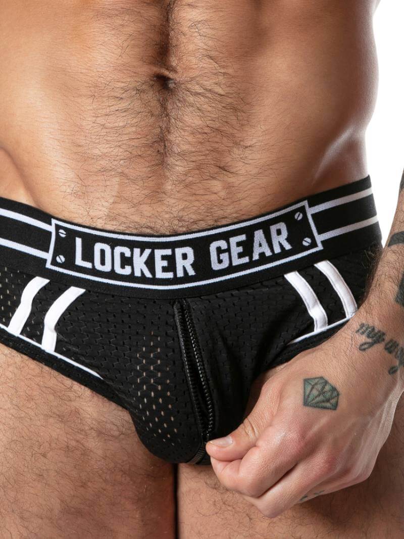 Black men's underwear with 'Locker Gear' waistband on a white background