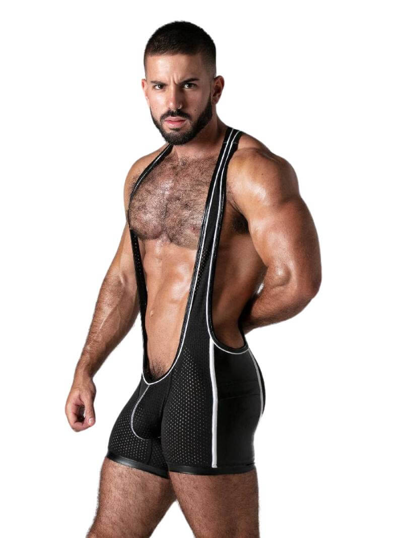 A man wearing a black Locker Gear mesh singlet with contrast stitching and trims, featuring leatherette panels to leg openings.