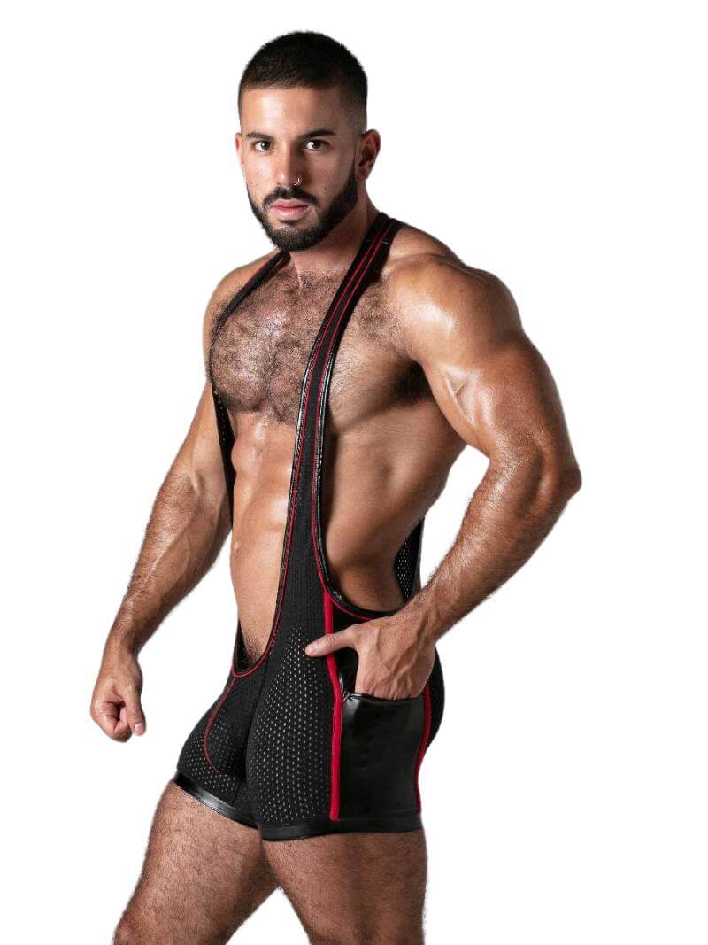 A man wearing a black Locker Gear mesh singlet with contrast stitching and trims, featuring leatherette panels to leg openings.