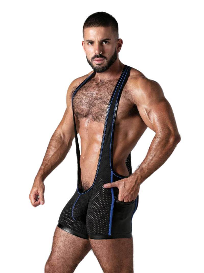 A man wearing a black Locker Gear mesh singlet with contrast stitching and trims, featuring leatherette panels to leg openings.