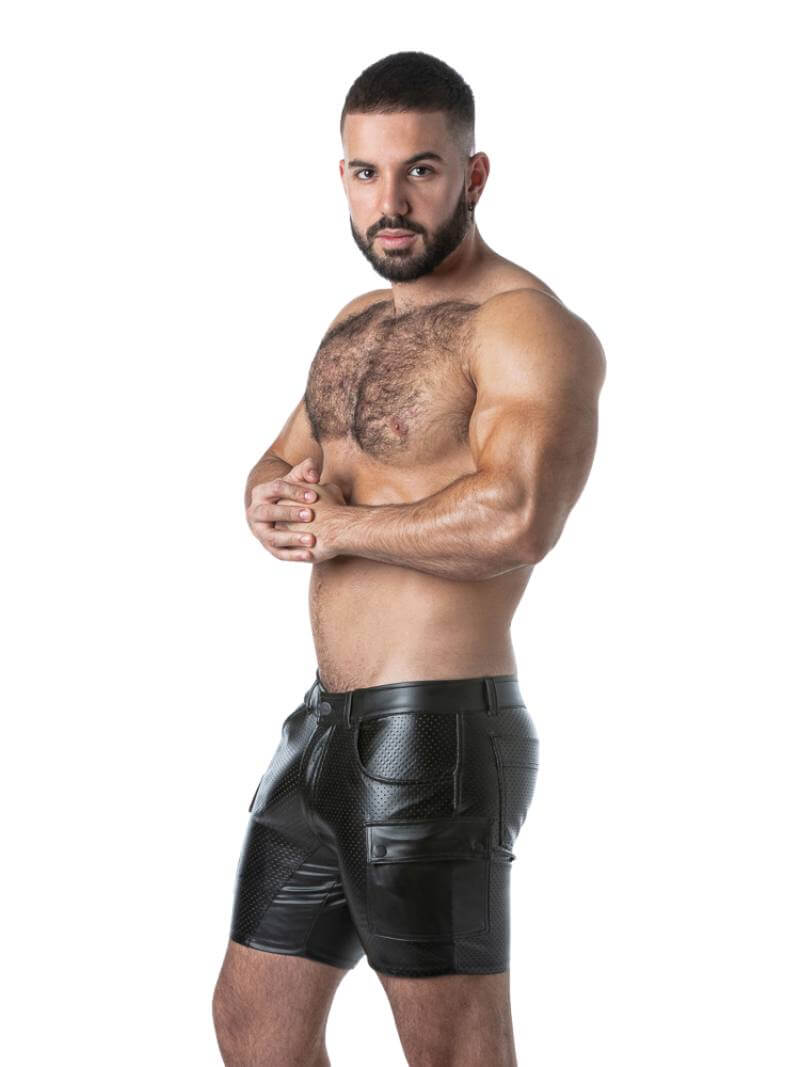 Men's Locker Gear Punch Hole Leatherette Cargo Short with Rear Zipper
