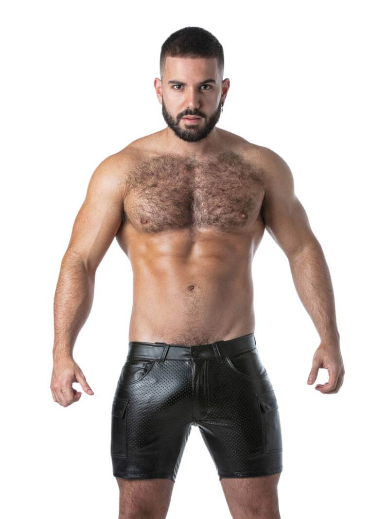 Men's Locker Gear Punch Hole Leatherette Cargo Short with Rear Zipper