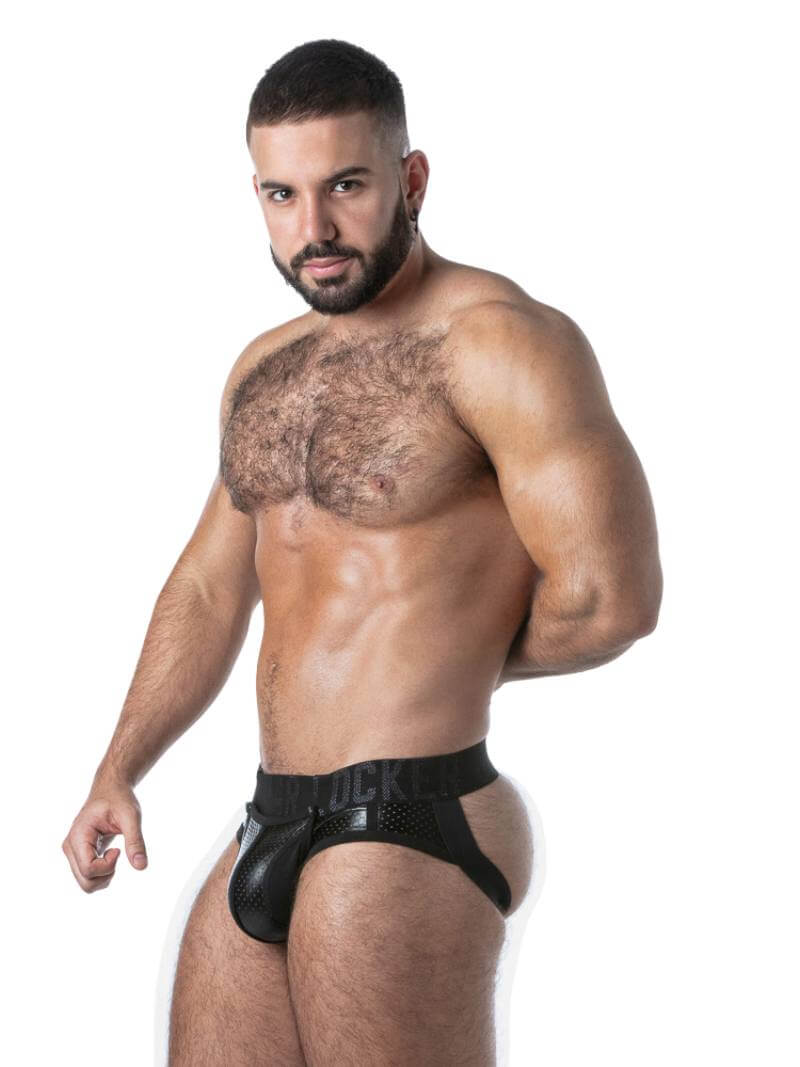 Locker Gear Men's Leather Look Punch Hole Erotic Backless Underwear Briefs with Removable Pouch