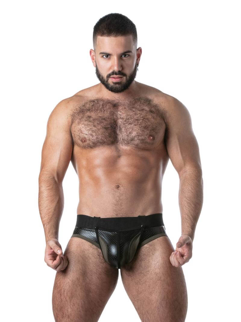 Men's Gay Bottomless Briefs in PU Leather with Removable Pouch